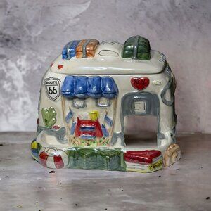 Vintage Lefton Ceramic Camper Treat Jar With Route 66 Design & Colorful Details